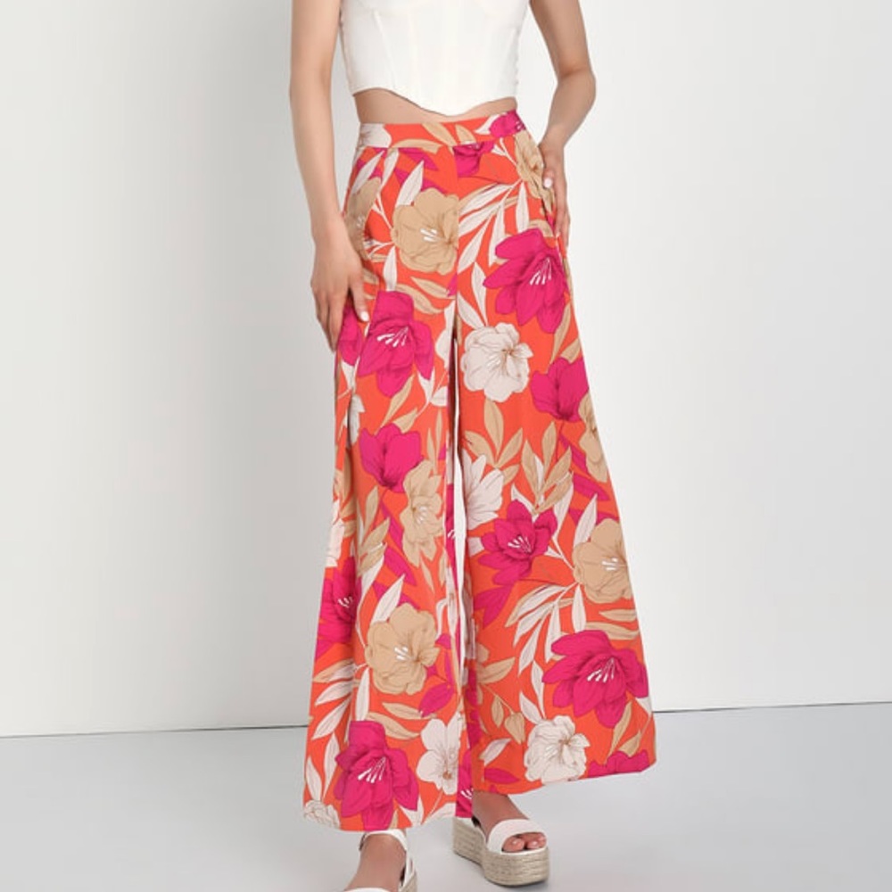 Lulus Blissful Vacay Orange Floral Print Side Slit Pants